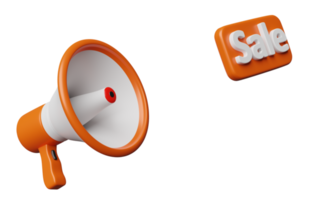 megafone laranja ou alto-falante de mão com etiqueta de etiqueta de venda isolada. conceito de compras on-line, ilustração 3d ou renderização 3d png