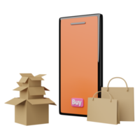 oranje mobiel telefoon, smartphone met papier tassen, goederen karton doos geïsoleerd. online boodschappen doen concept, 3d illustratie of 3d geven png