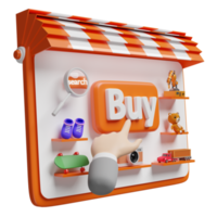 tablette orange, téléphone portable, smartphone avec devanture de magasin, homme d'affaires pointant du doigt l'étiquette d'achat, loupe isolée. achats en ligne, concept de données de recherche, illustration 3d ou rendu 3d png