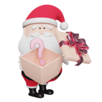 weihnachtsmannhände halten offene geschenkbox, fragezeichensymbol isoliert. website, plakat, glückskarten, festliches neujahrskonzept, 3d-illustration oder 3d-rendering png