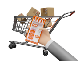 businessman hands holding orange mobile phone, smartphone with magnifying, goods cardboard box, shopping cart isolated. online shopping, search data concept, 3d illustration or 3d render png