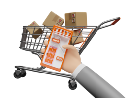 manos de hombre de negocios con teléfono móvil naranja, teléfono inteligente con lupa, caja de cartón de mercancías, carrito de compras aislado. compras en línea, concepto de datos de búsqueda, ilustración 3d o presentación 3d png