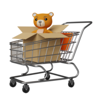 ours en peluche avec boîte en carton de marchandises, panier isolé. concept d'achat en ligne, illustration 3d ou rendu 3d png