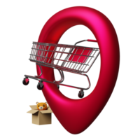 broche rouge avec chariot en acier inoxydable, point de vente ou centre de supermarché, pointeur de carte pour grand magasin isolé. concept d'achat en ligne, illustration 3d ou rendu 3d png