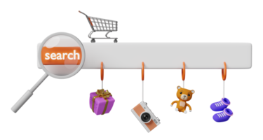 lupa con barra de búsqueda en blanco, carrito de compras, oso de peluche, cámara, caja de regalo, zapato aislado. motor de búsqueda web, navegación web, concepto de compras en línea, ilustración 3d o presentación 3d png