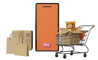 oranje mobiel telefoon, smartphone met teddy beer, papier Tassen, goederen karton doos, boodschappen doen kar geïsoleerd. online boodschappen doen concept, 3d illustratie of 3d geven png