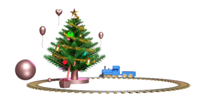 weihnachtsbaumbühnenpodest und ornamente, dampfzugtransportspielzeug, website, poster oder glückskarten, weihnachtsbanner, festliches neues jahr, 3d-illustration rendern png