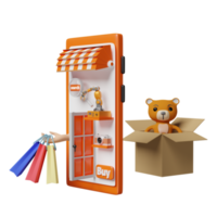 Orangefarbenes Handy oder Smartphone mit Ladenfront, Hand mit bunten Einkaufspapiertüten, Warenkarton, Franchise-Geschäft oder Online-Shopping-Konzept, 3D-Illustration oder 3D-Rendering png