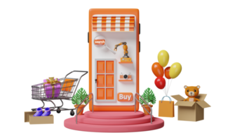 podio de escenario con teléfono móvil naranja o frente de tienda de teléfonos inteligentes, globo, carro, zapato, caja de cartón de mercancías, bolsas de compras, venta de verano de compras en línea, concepto de datos de búsqueda, ilustración 3d o renderizado 3d