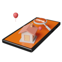 téléphone mobile orange ou smartphone avec maison, loupe, ballon isolé. achats en ligne, concept de données de recherche, illustration 3d ou rendu 3d png