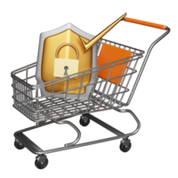 stainless steel shopping cart with golden shield check, lock isolated. Internet security or privacy protection or ransomware protect concept, 3d illustration or 3d render png