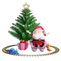 Christmas tree with Santa claus sitting on sofa chair, steam train toy isolated. website, poster or Happiness cards, Christmas banner, festive New Year, 3d illustration render png