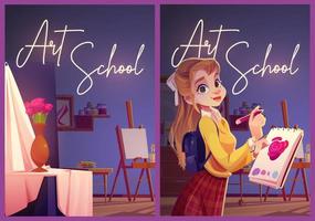 carteles de la escuela de arte con niña pintora y estudio vector
