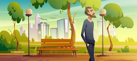 Man walk in city park enjoy nature, promenade vector