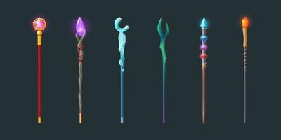 Set of magic staff, walk sticks or wands with gems vector