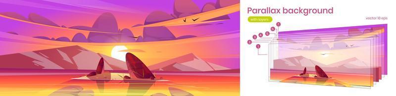 fondo de paralaje con paisaje al atardecer del lago vector