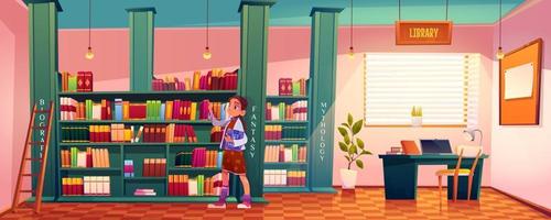 chica en la biblioteca elige libros para leer en el estante vector