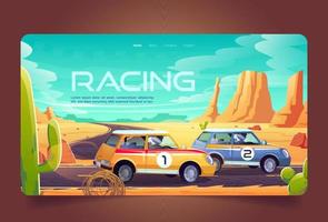 Racing in desert cartoon landing page, race cars vector