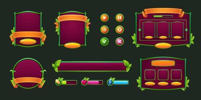 Game buttons and frames with green leaves vector