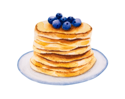 Pancakes with blueberries, hand drawn watercolor png