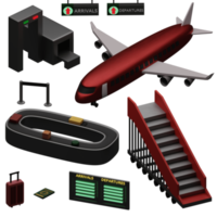 El juego de aeropuerto en 3D incluye aviones, escaleras, equipaje, señales de salidas de llegadas, etc., perfecto para el proyecto de diseño png