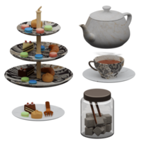 3D-gerenderter Nachmittagstee mit Teekanne, Zuckerwürfel, heißem Tee und Snacks, die sich perfekt für Designprojekte eignen png