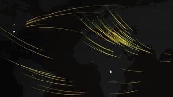 carte du monde avec différentes cibles de cyberattaque. concept de piratage et de technologie. prise de vue macro aux pixels du moniteur video