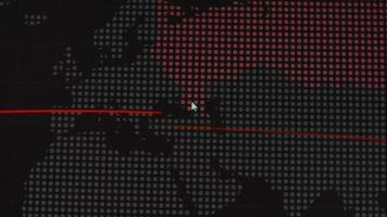 World map with different targets for cyber attack. Hacking and technology concept. Macro shooting at monitor pixels video