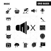 iconos de glifo sólido de música establecidos para infografías kit uxui móvil y diseño de impresión incluyen datos de archivo de reproducción de música configuración de reproducción de música conjunto de iconos de engranajes vector