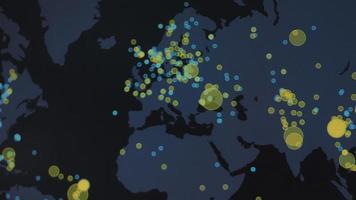 World map with different targets for cyber attack. Hacking and technology concept. Macro shooting at monitor pixels video