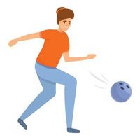 Woman playing bowling icon, cartoon style vector