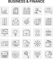 25 iconos de negocios y finanzas dibujados a mano conjunto de garabatos vectoriales de fondo gris vector