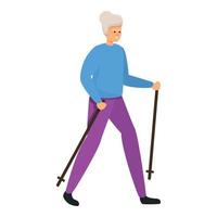 Senior woman nordic walking icon, cartoon style vector
