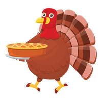 Thanksgiving turkey with apple pie icon, cartoon style vector