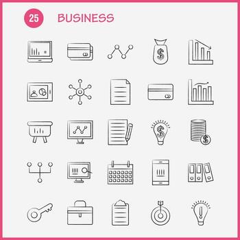 Business Hand Drawn Icons Set For Infographics Mobile UXUI Kit And Print Design Include Globe Internet Network Vector Passport Euro Book Document Collection Modern Infographic Logo and Pi