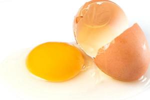 Broken chicken egg with a yolk and egg white pouring out photo