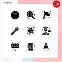 Modern Set of 9 Solid Glyphs and symbols such as discount camping achievement flash torch Editable Vector Design Elements