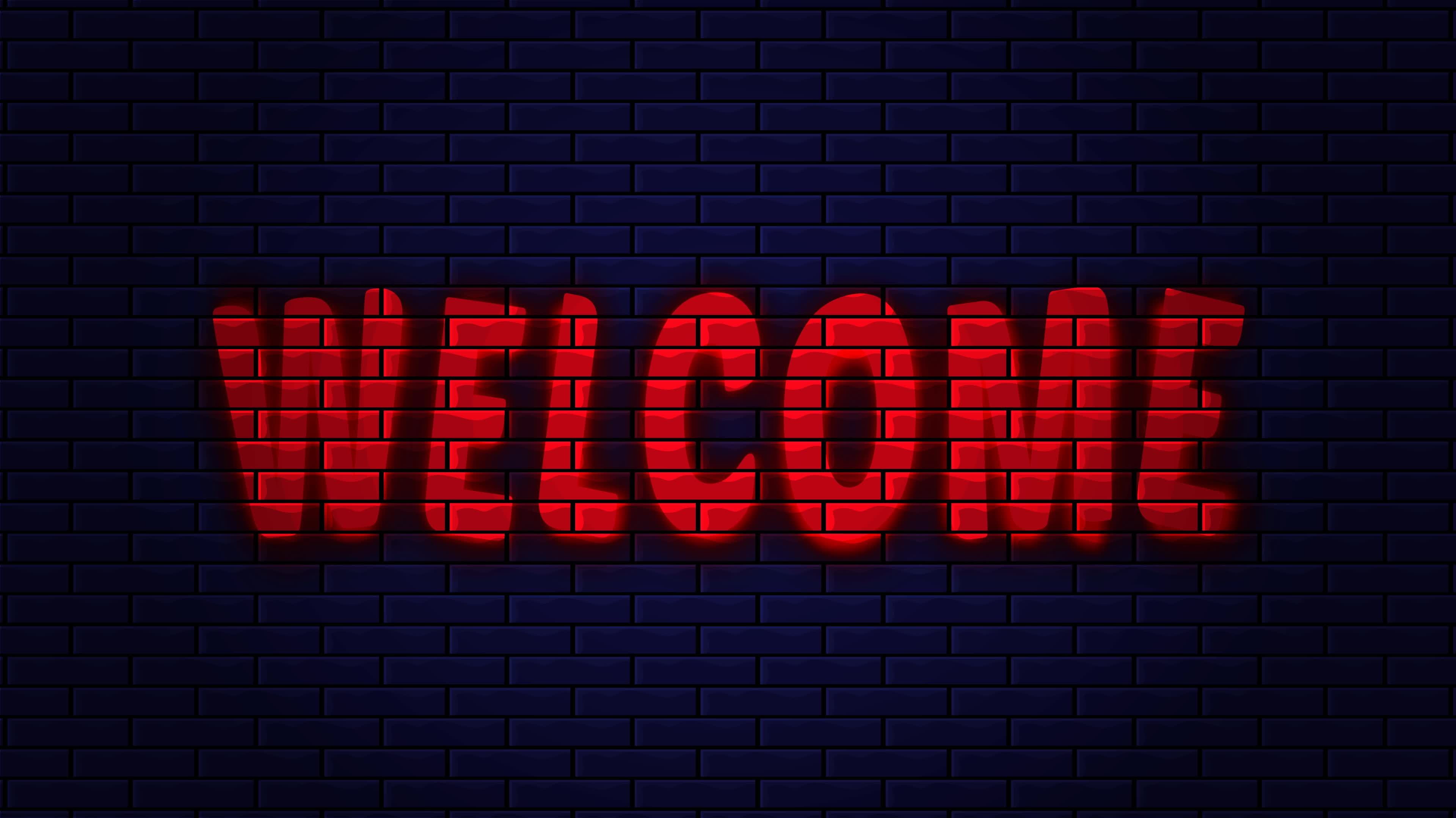 welcome animation. motion pops, shakes and disappears, with red glow  effect, isolated on a dark brick wall background, ideal for intro videos,  openings, greetings, etc. 14355694 Stock Video at Vecteezy