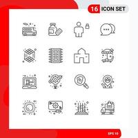 Pack of 16 Modern Outlines Signs and Symbols for Web Print Media such as tech printing human cube communication Editable Vector Design Elements