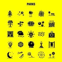 iconos de glifo sólido de parques establecidos para infografía kit de uxui móvil y diseño de impresión incluyen batería instrumento música mapa ubicación parque estacionamiento mundo conjunto de iconos vector