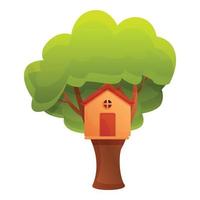 Green tree house icon, cartoon style vector