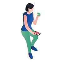 Girl with smartphone eat apple icon, isometric style vector