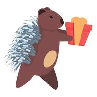 Porcupine with gift box icon, cartoon style vector