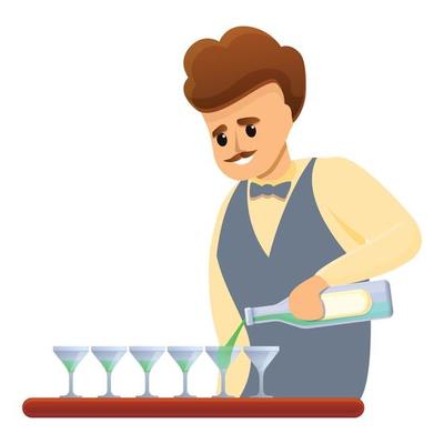 Bartender pours icon, cartoon style