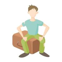 Man sitting on suitcase icon, cartoon style vector