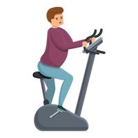 Fat man exercise bike icon, cartoon style vector