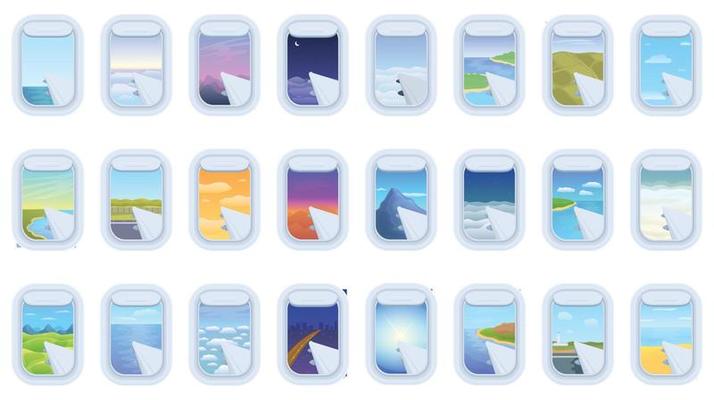 Airplane window icons set cartoon vector. Plane flight