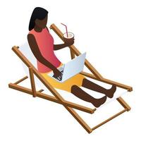 Woman at beach chair icon, isometric style vector