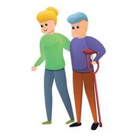 Woman supports an elderly man icon, cartoon style vector