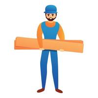 Repairman with wood bar icon, cartoon style vector